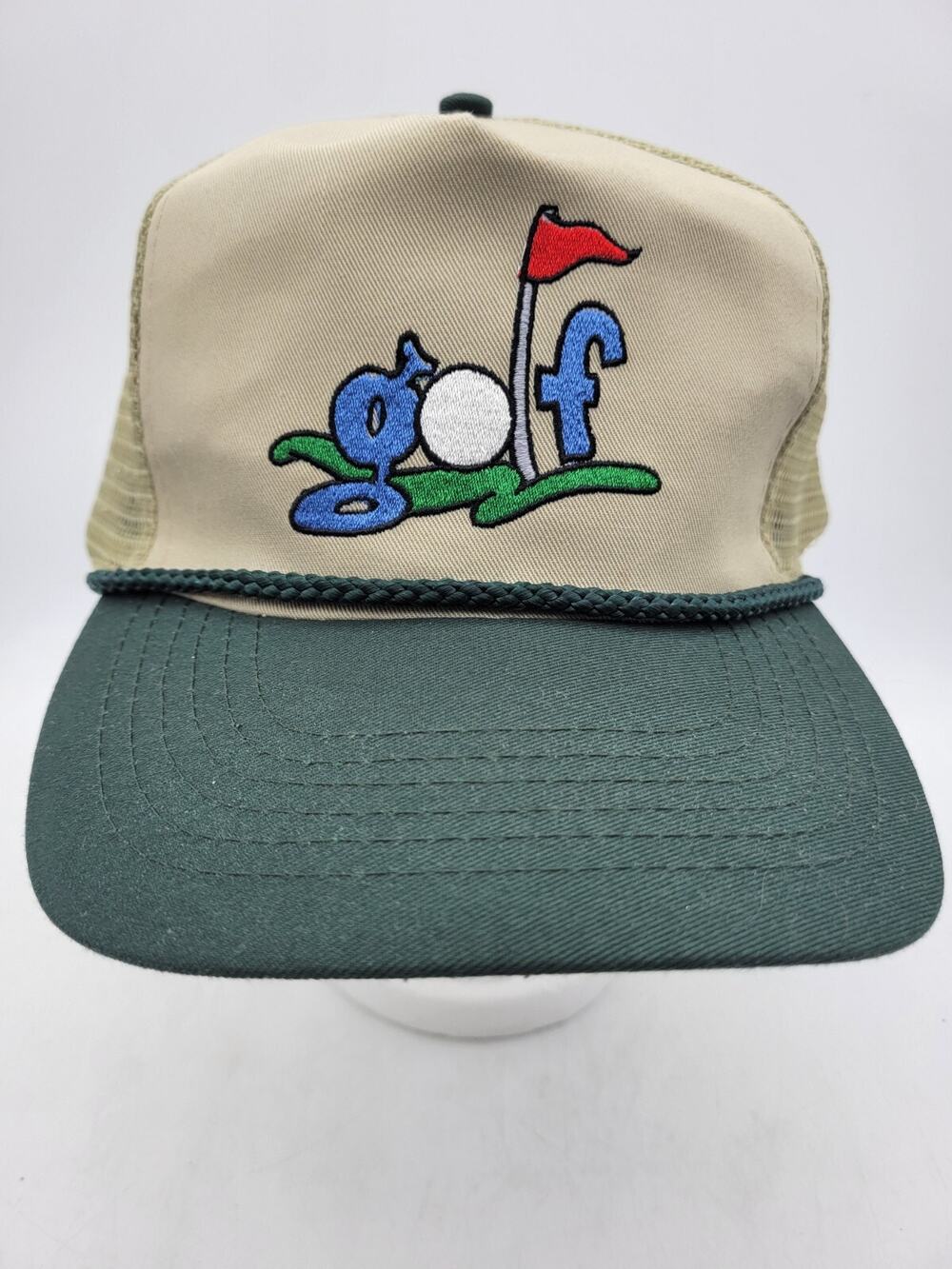 Otto Flat Bill Hat Golf Logo Trucker Cap Mesh Snapback Tan w/ Green Old stock